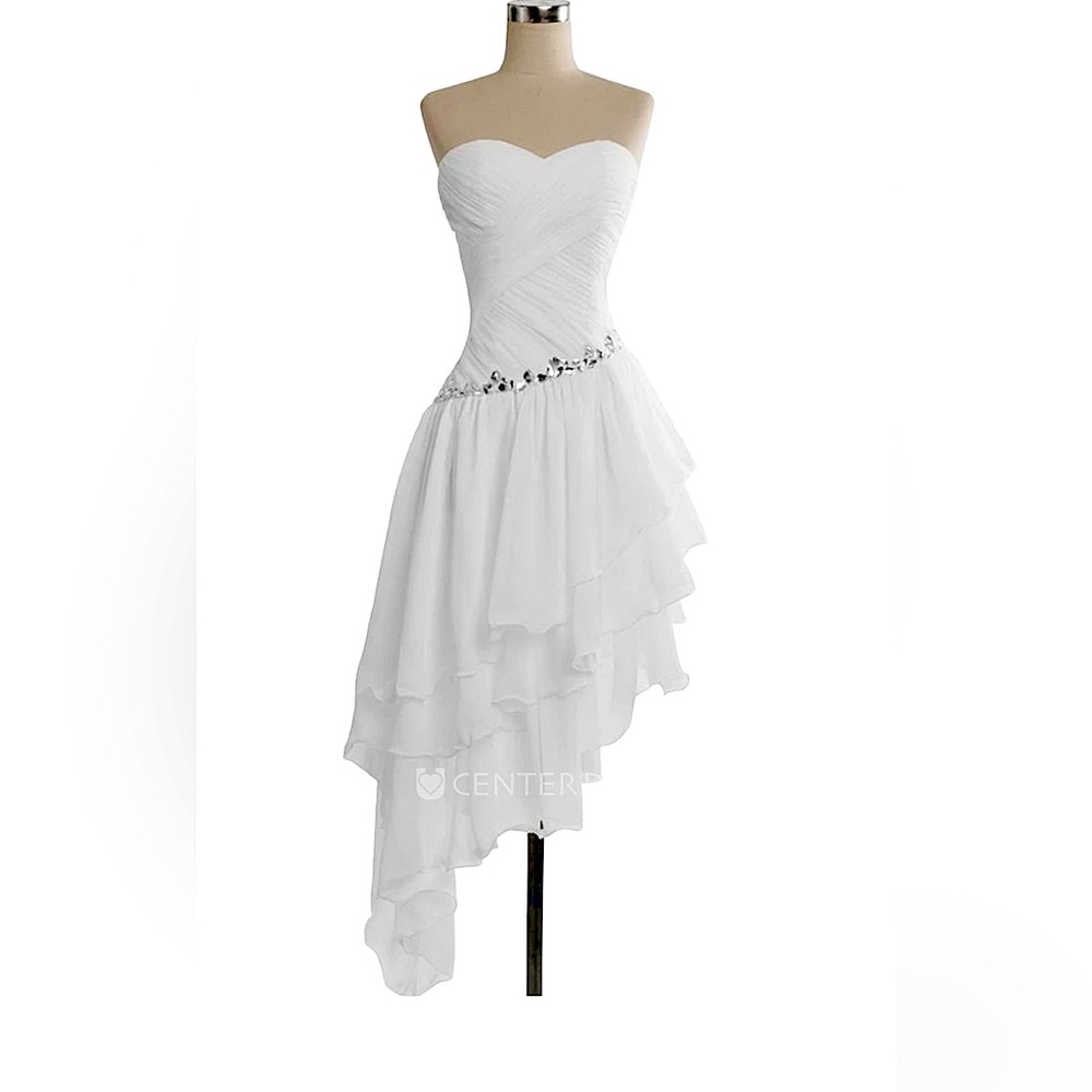 Sweetheart Midi-length Asymmetrical Layered Chiffon Dress in silver, Size 4